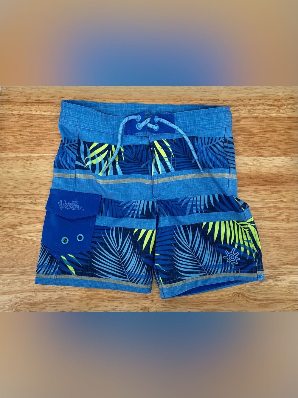 UV Skinz Boys Blue Lime Green Palm Leaf UPF 50+ Board Swim Trunks Size 2T